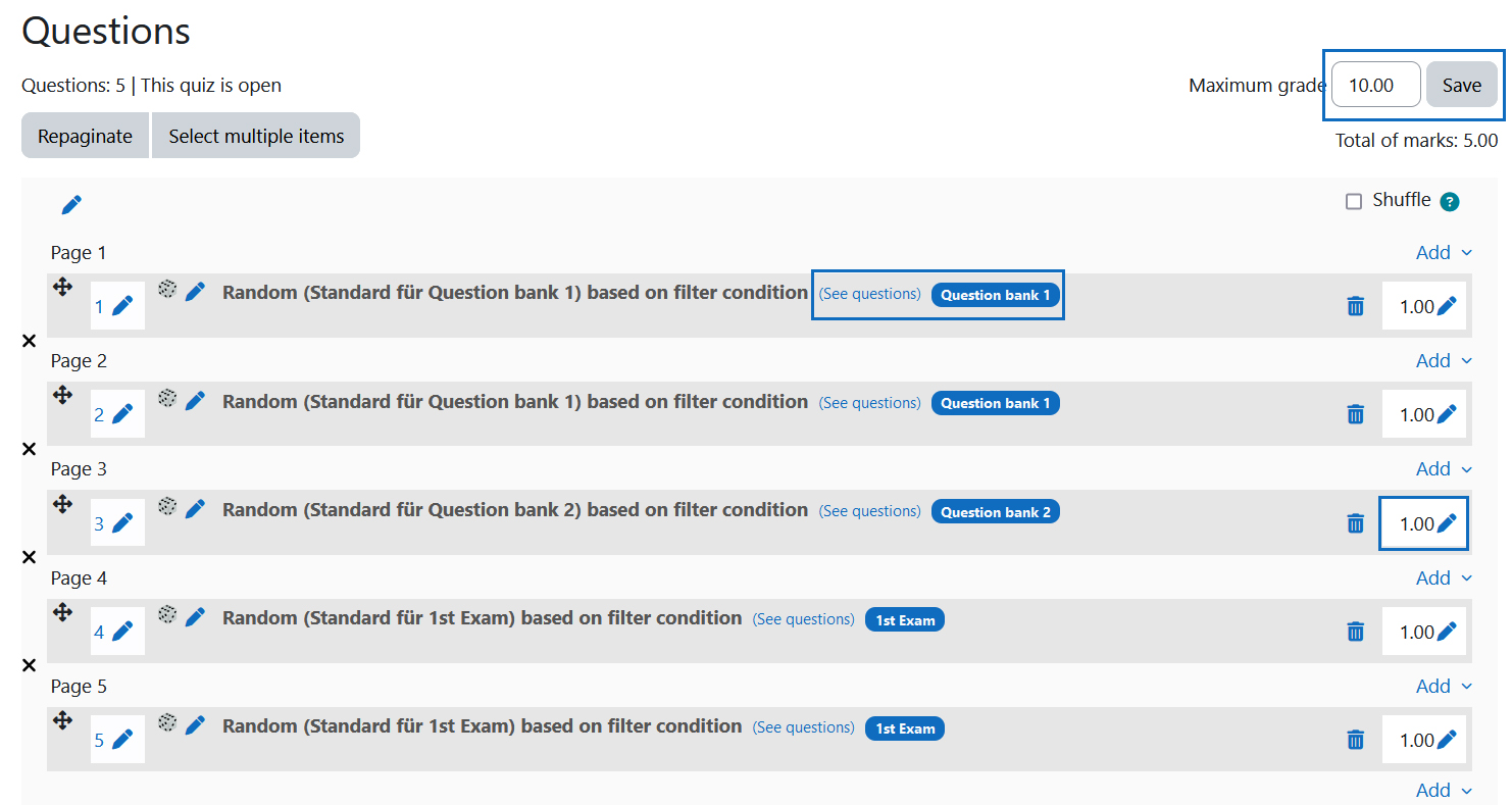 Screenshot: question list in the quiz with random questions and highlighting of the grading input fields and labels for the question banks