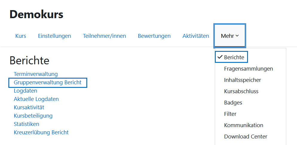 Screenshot: Gruppenverwaltung Bericht aufrufen