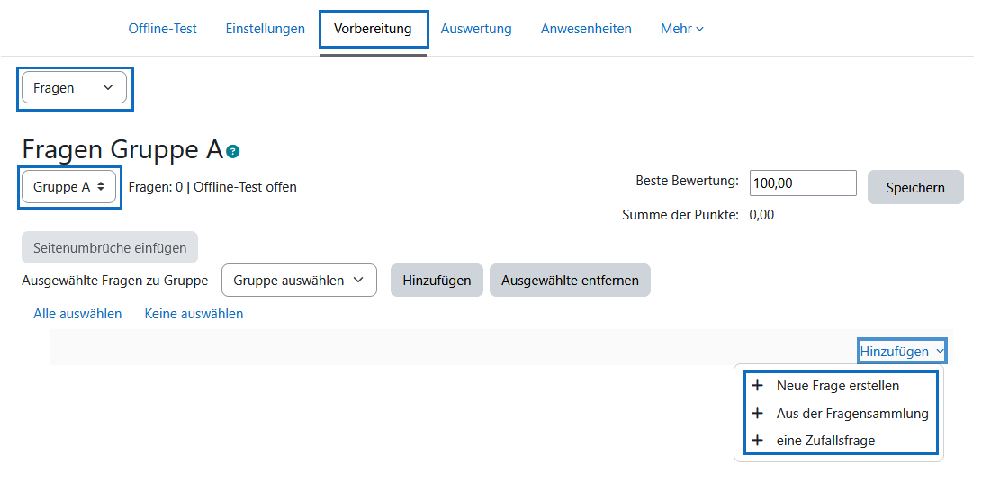Screenshot: Fragen zum Offline-Test hinzufügen