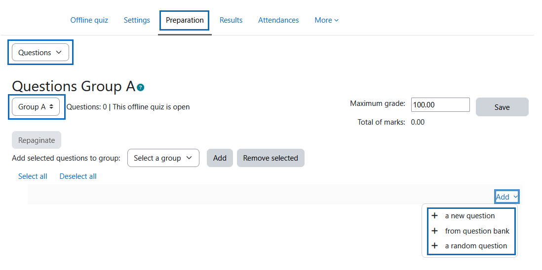 Screensho: add questions to the offline quiz
