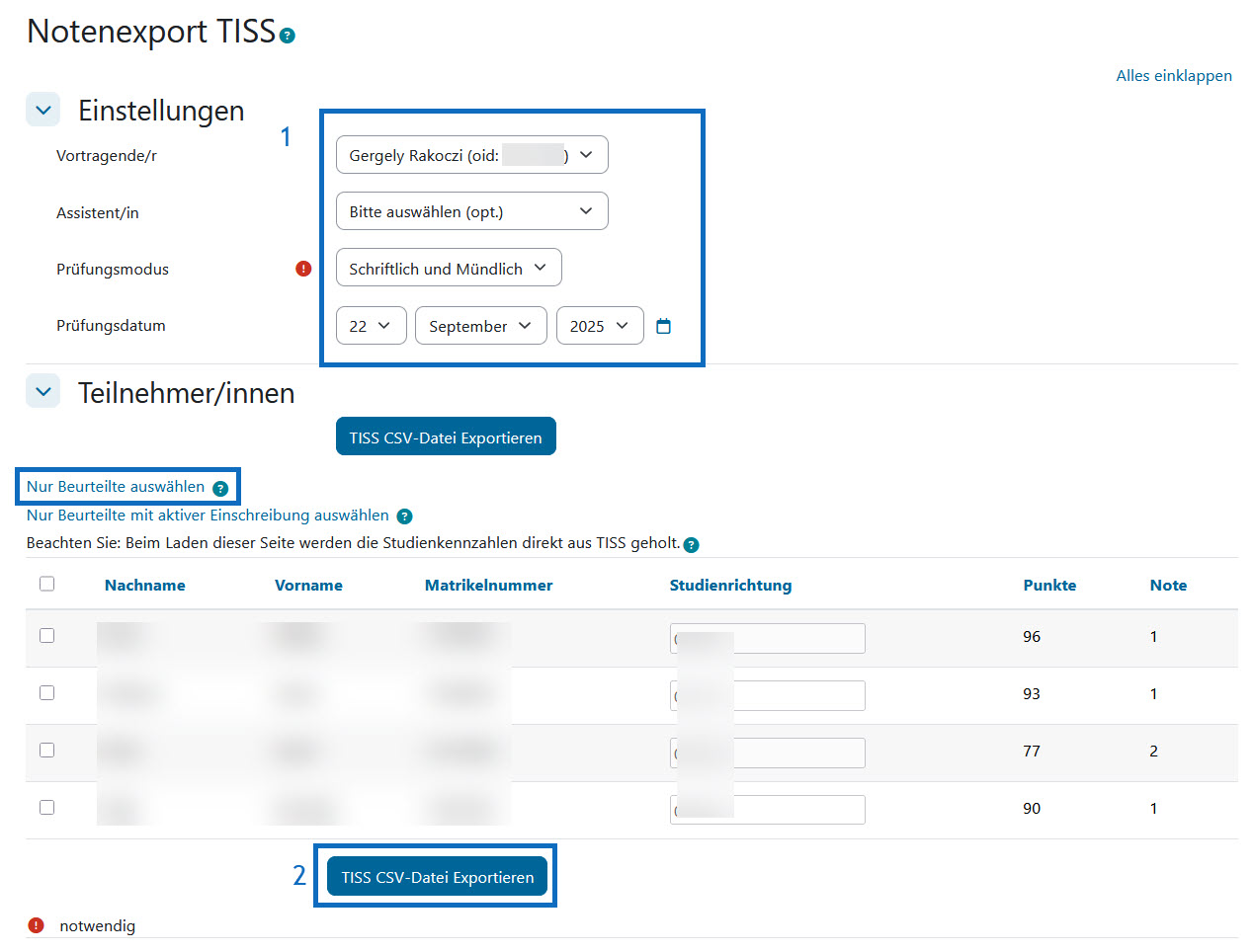 Screenshot: Prüfungsdaten eintragen und CSV File exportieren