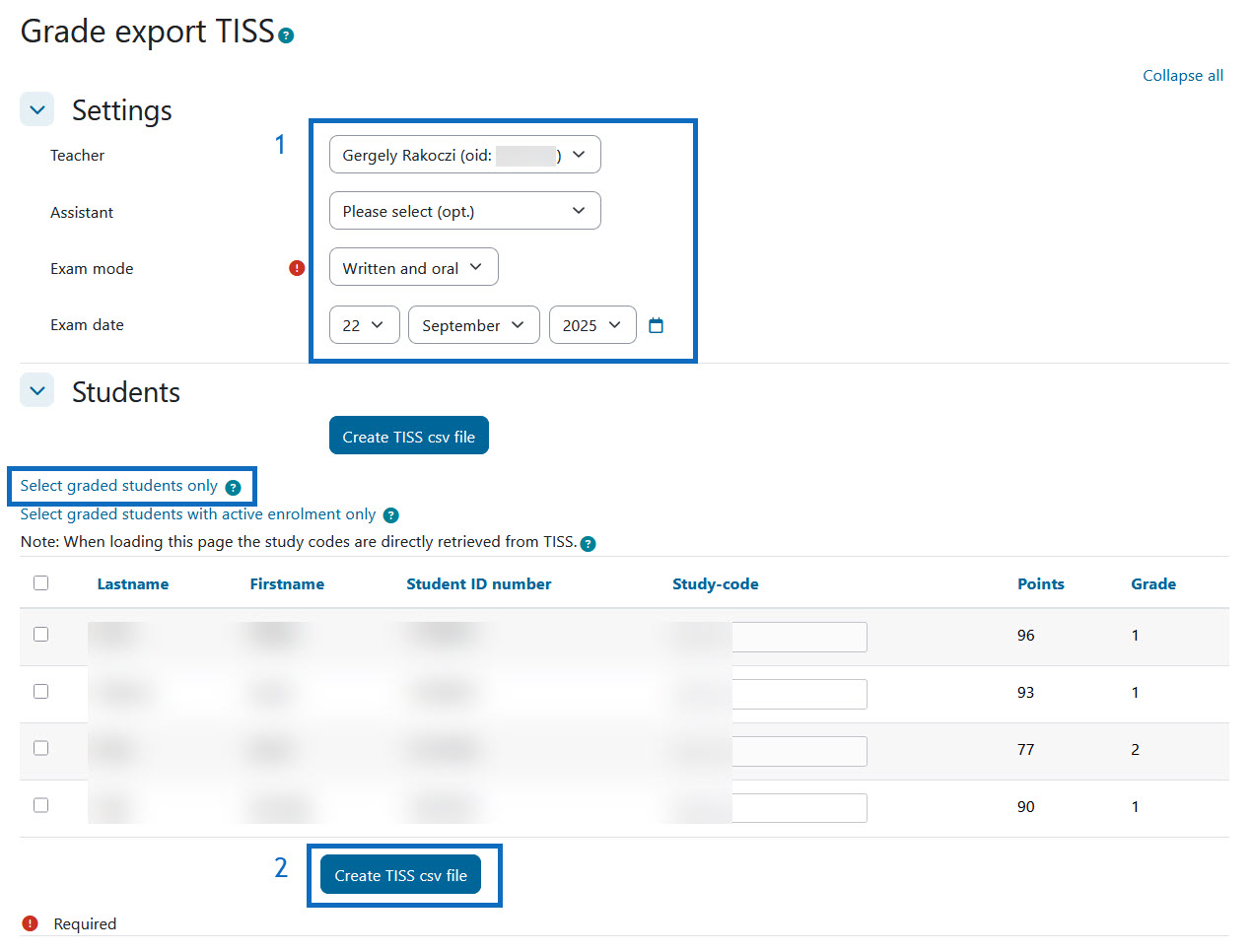 Screenshot: Add examination data and export CSV-file