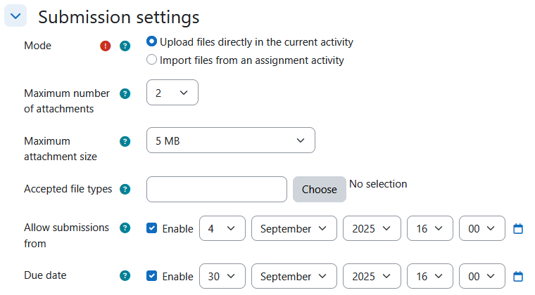 Screenshot: submission settings for the mode