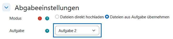 Screenshot: Abgabeeinstellungen für den Modus „Dateien aus Aufgabe übernehmen“