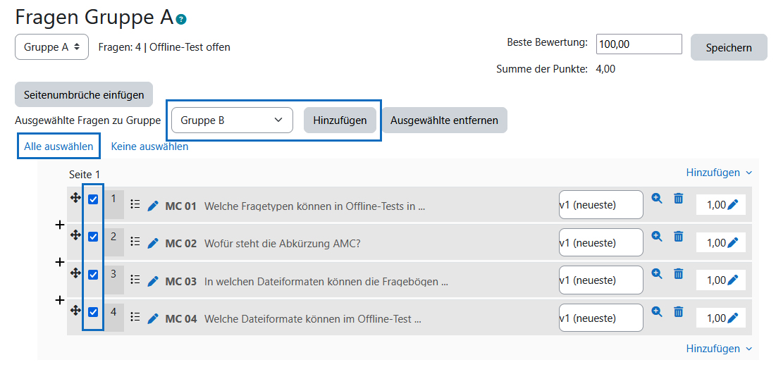 Screenshot: Fragen von einer Testgruppe in eine andere Gruppe übertragen