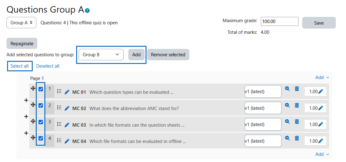 Screenshot: transfer questions of a quiz group to another group