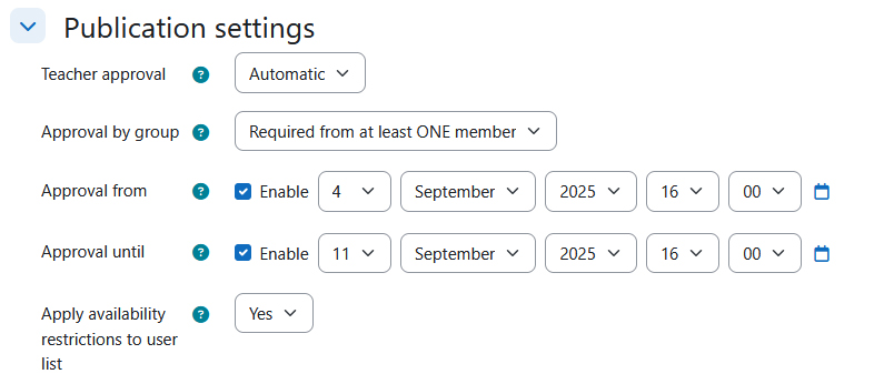 Screenshot: publication settings