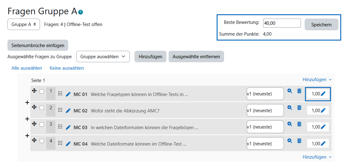 Screenshot: Bewertungen anpassen
