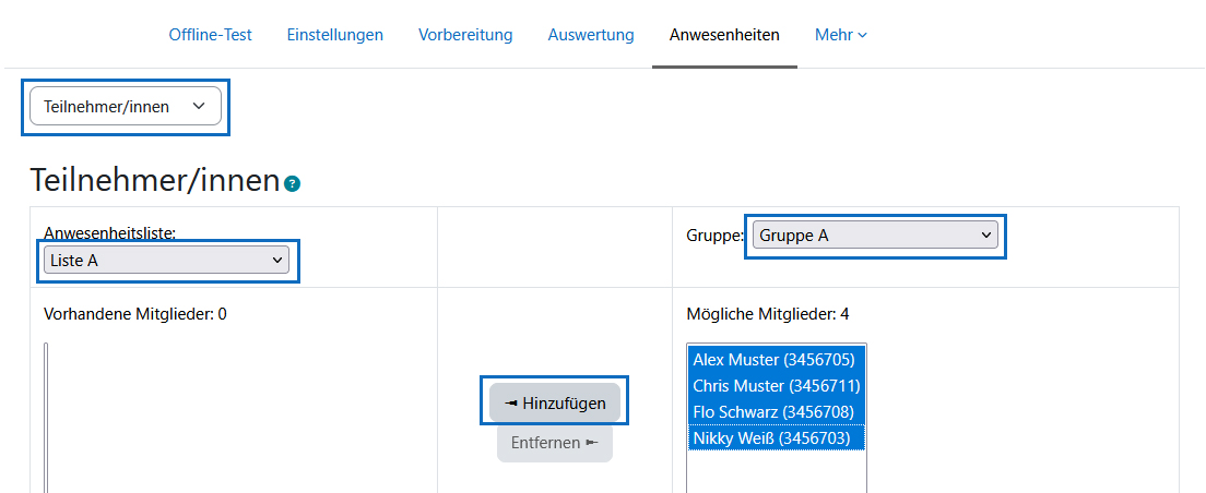 Screenshot: Teilnehmer/innen zu Anwesenheitslisten hinzufügen