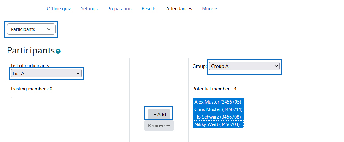 Screenshot: add participants to attendance lists
