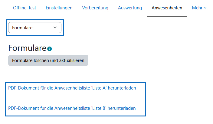 Screenshot: Anwesenheitsformulare generieren