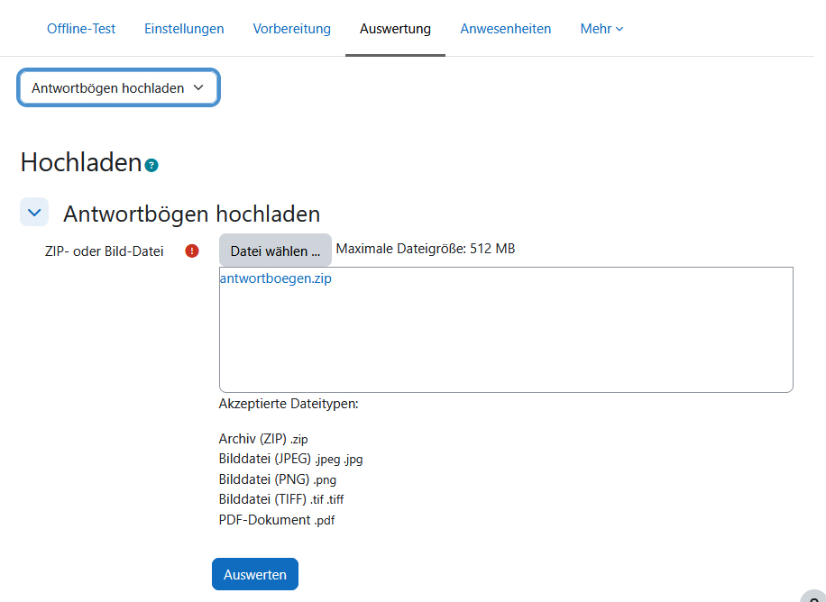 Screenshot: Hochladen gescannter Antwortbögen