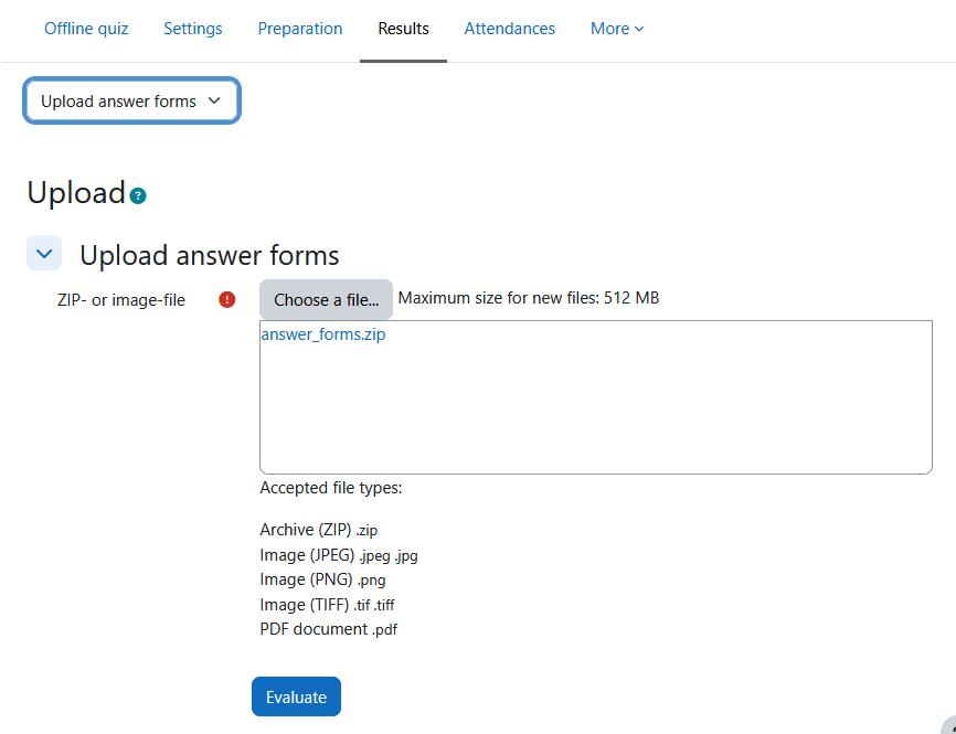 Screenshot: upload scanned answer forms