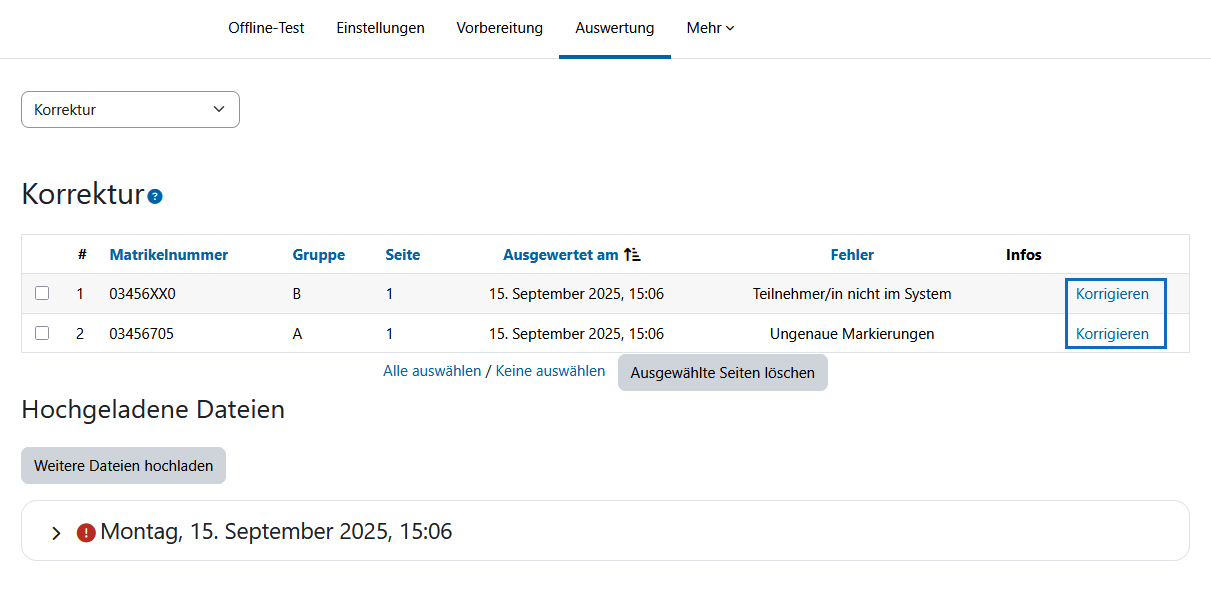 Screenshot: Liste nicht auswertbarer Antworbögen mit Korrekturlinks