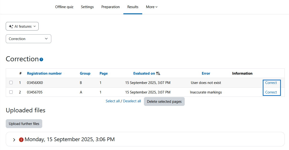 Screenshot: list of non-evaluable answer sheets with correction links