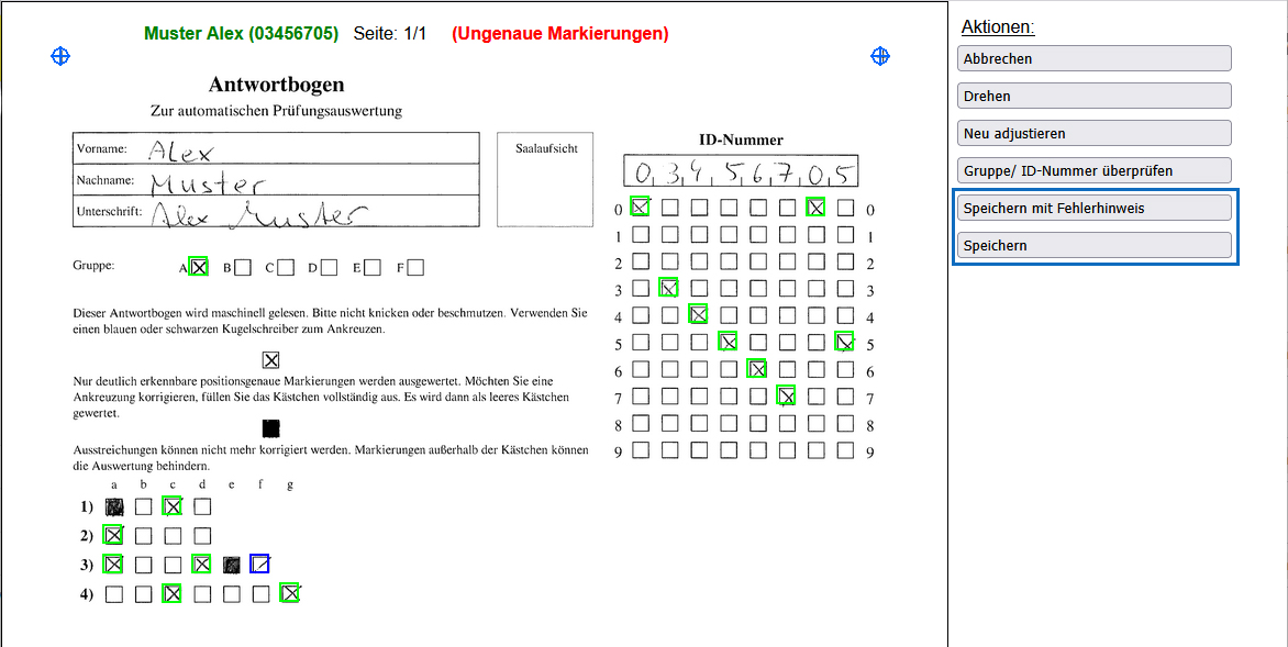 Screenshot: eingescannter Antwortbogen mit Markierungen der erkannten und nicht eindeutigen