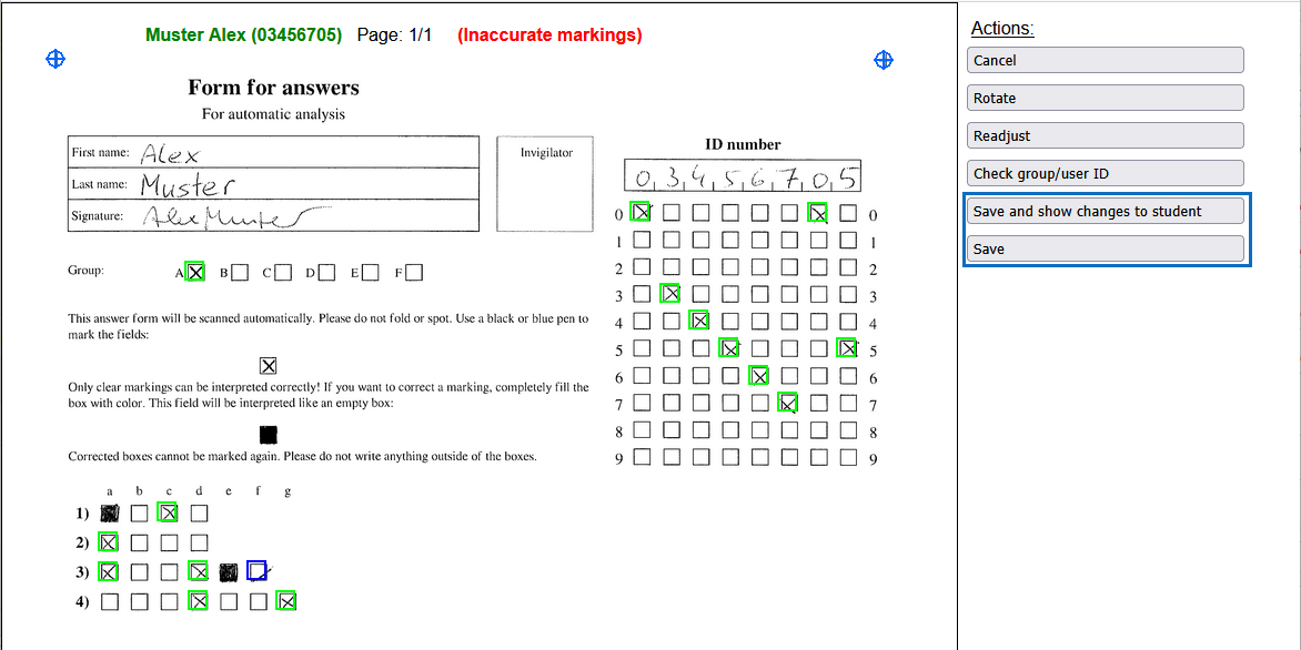 Screenshot: scanned answer sheet with markings of recognized and ambiguous checkmarks