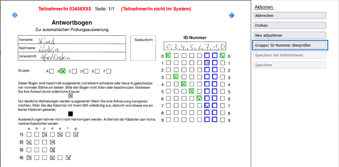 Screenshot: gescannter Antwortbogen mit falsch angekreuzter Matrikel- bzw. ID-Nummer