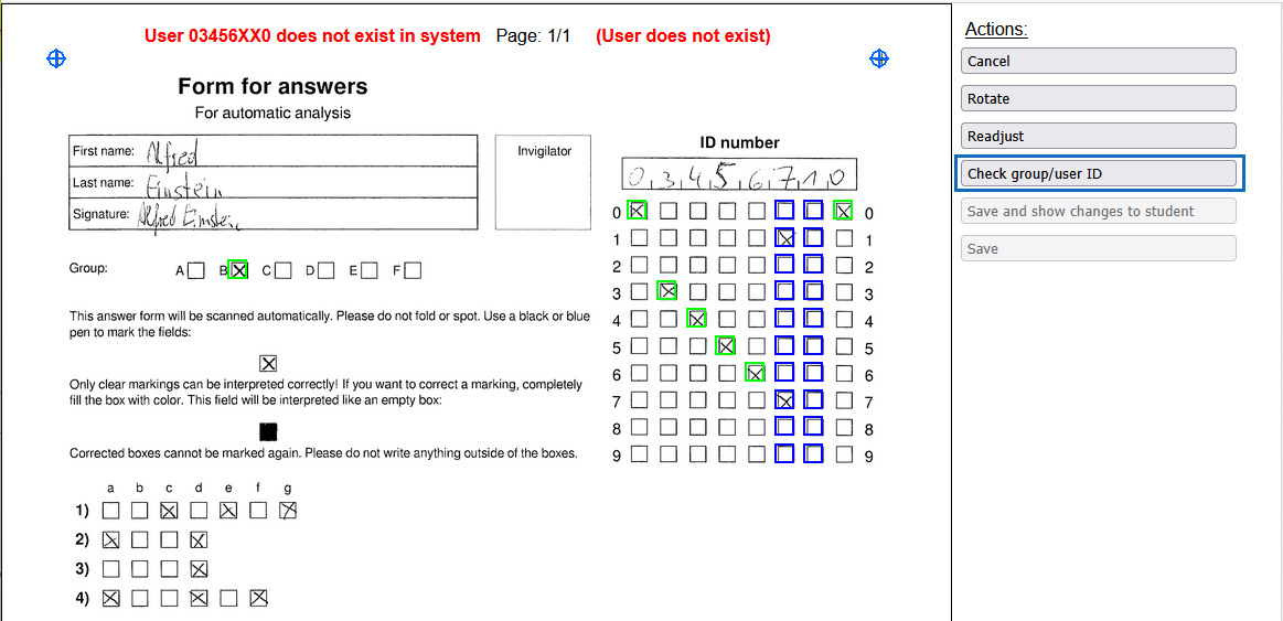 Screenshot: scanned answer sheet with wrong ticked matriculation/ID number
