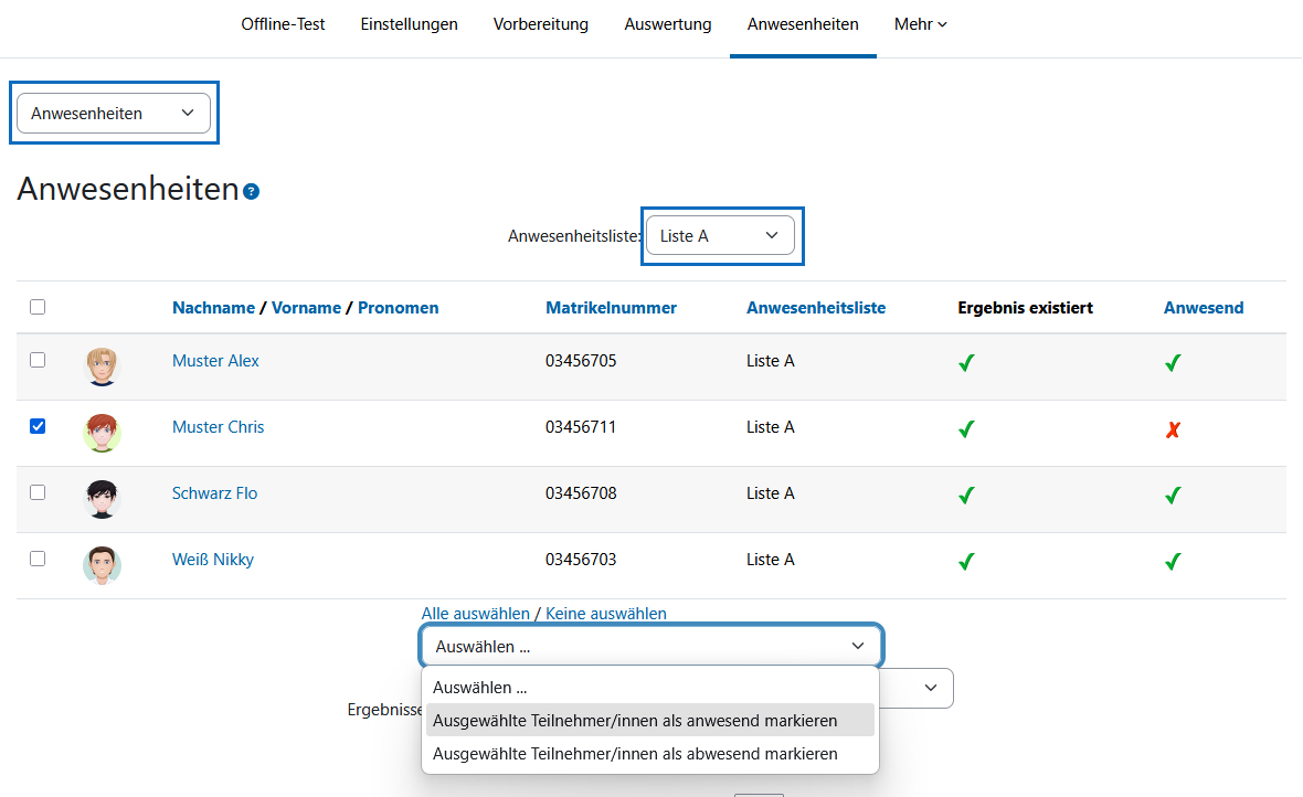 Screenshot: Anwesenheiten im Offline-Test einsehen