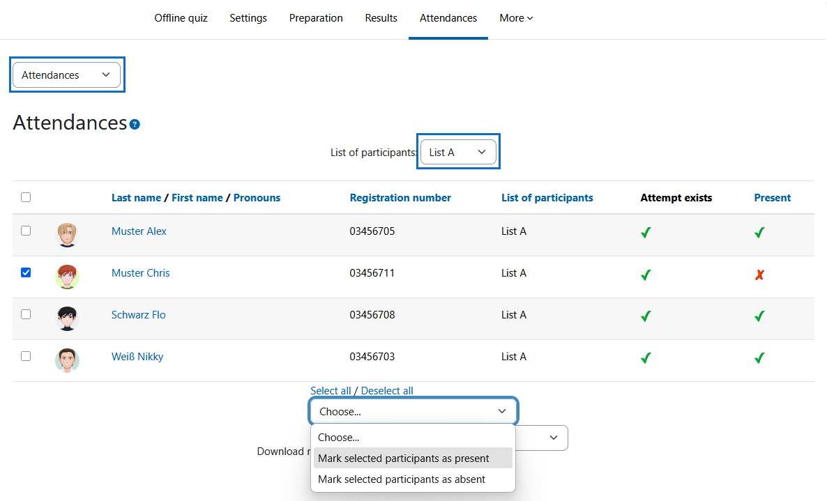 Screenshot: view attendances in an offline quiz