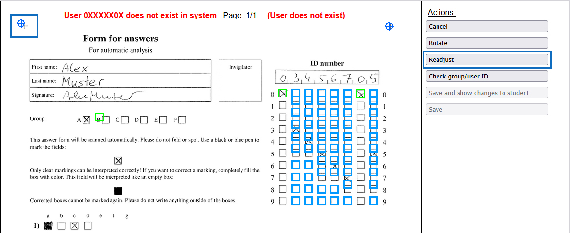Screenshot: scanned answer sheet that has to be readjusted
