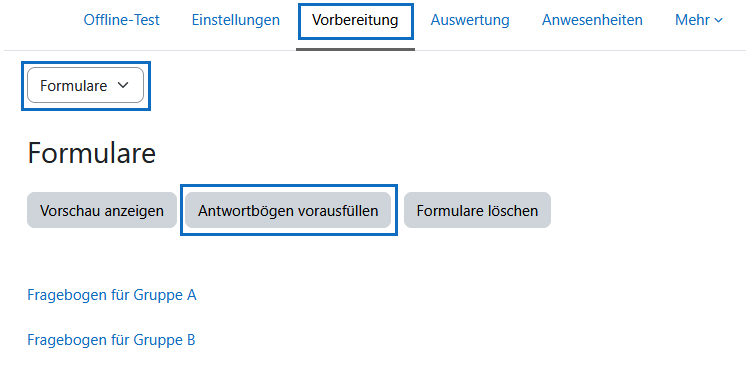 Screenshot: Button „Antwortbögen vorausfüllen“