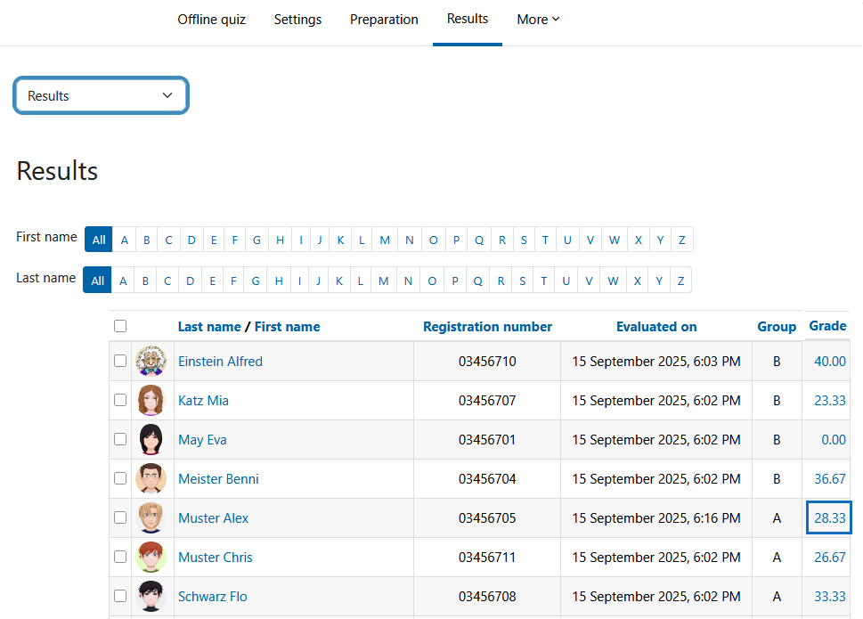 Screenshot: results list
