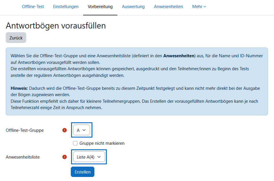Screenshot: Gruppe und Liste für das Vorausfüllen auswählen