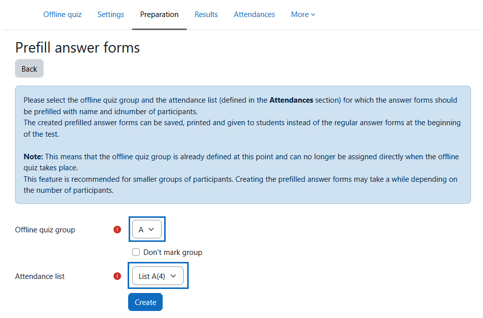 Screenshot: choose group and list for pre-filling