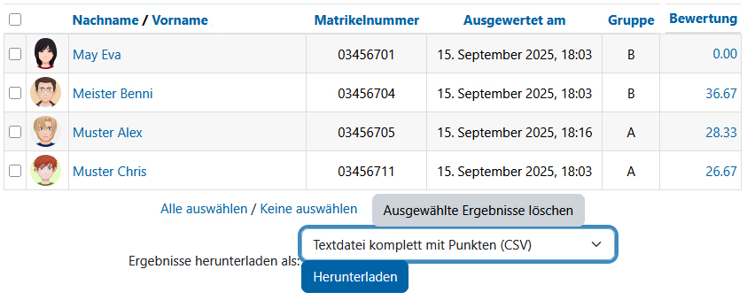 Screenshot: Download der Ergebnisse als 