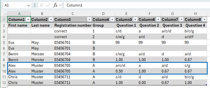 Screenshot: results opened in Excel