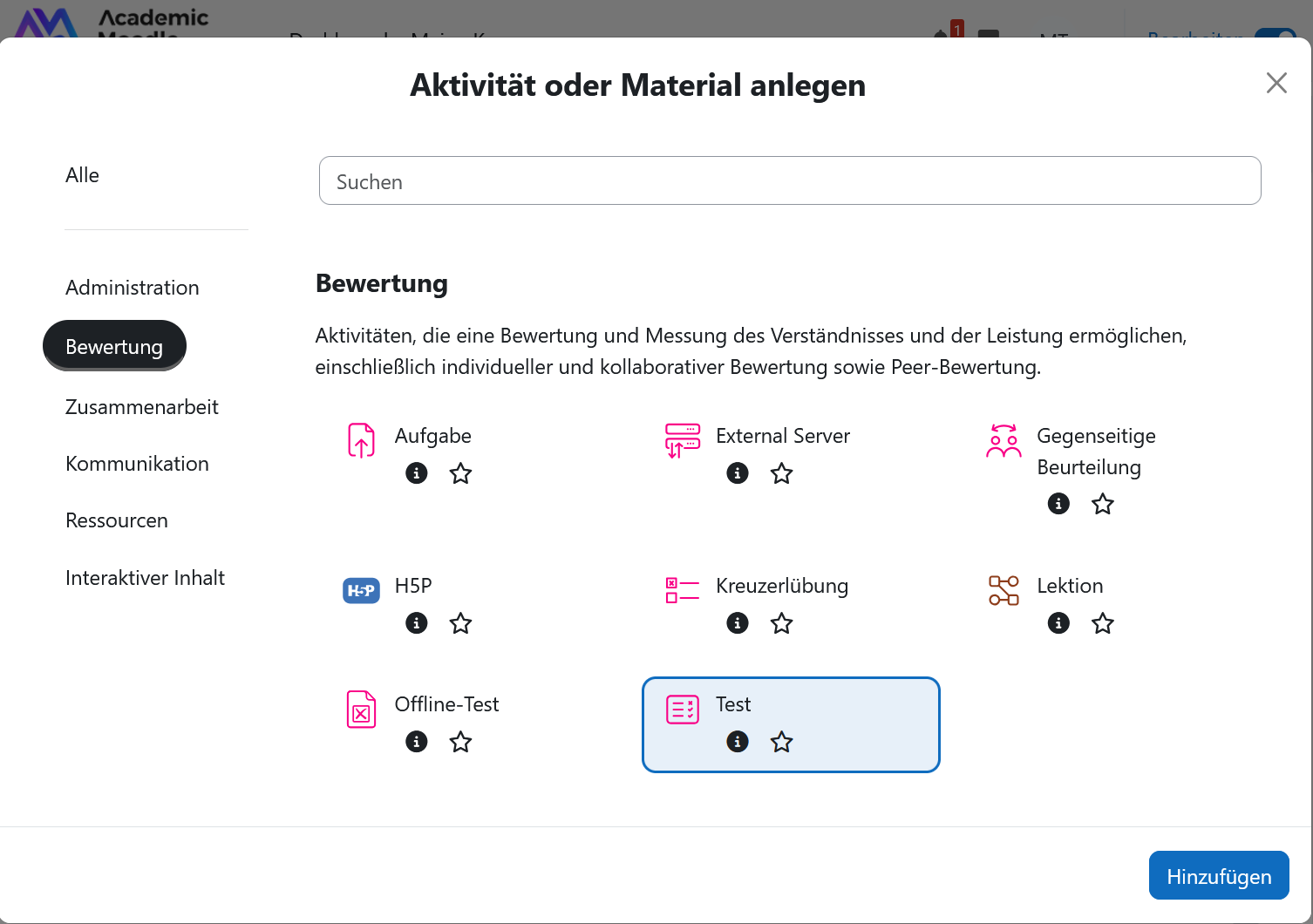 Screenshot: Test in der Aktivitätenauswahl auswählen