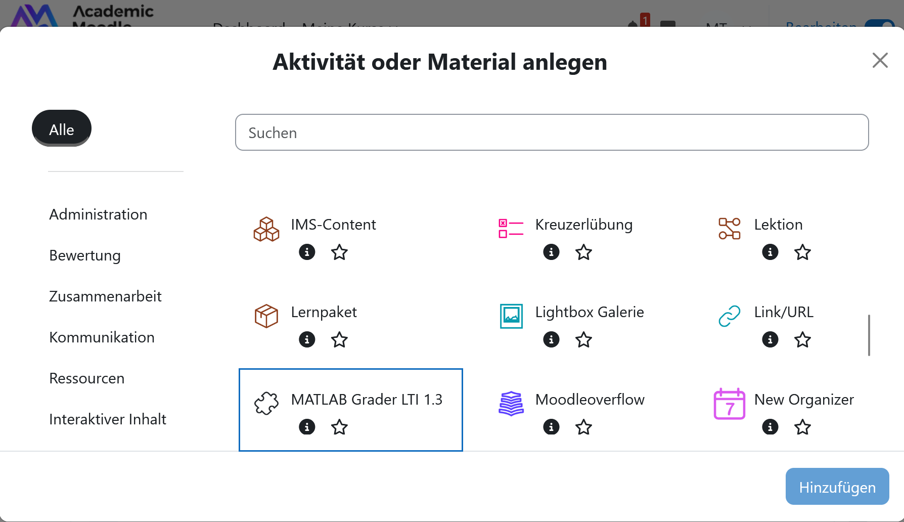 Screenshot: Externes Tool über die Aktivitätenauswahl hinzufügen