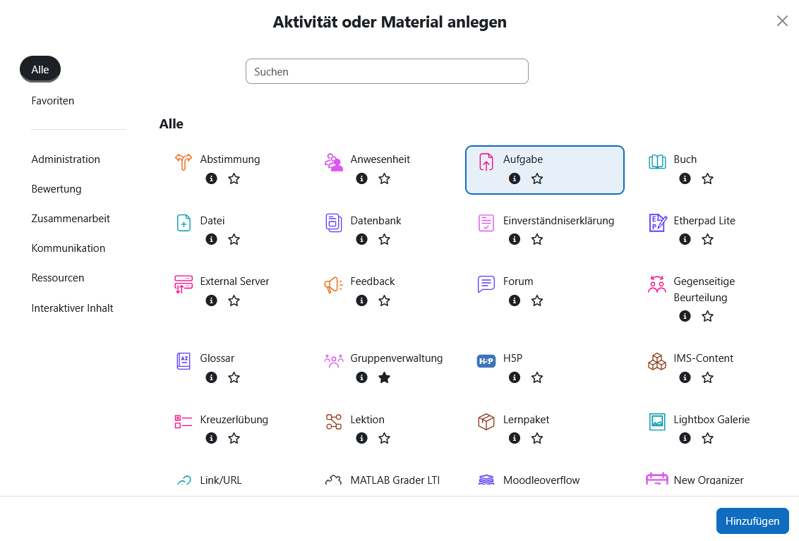 Screenshot: Auswahl Aktivitäten und Materialien