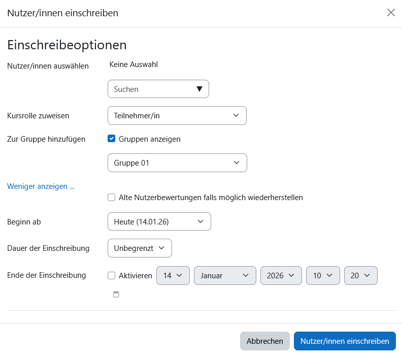 Screenshot Kurseinschreibung Nutzerinnen