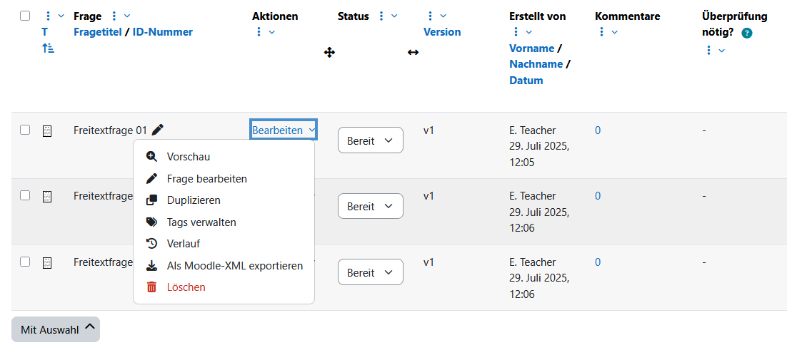 Screenshot: Bearbeitungsmenü einer Frage