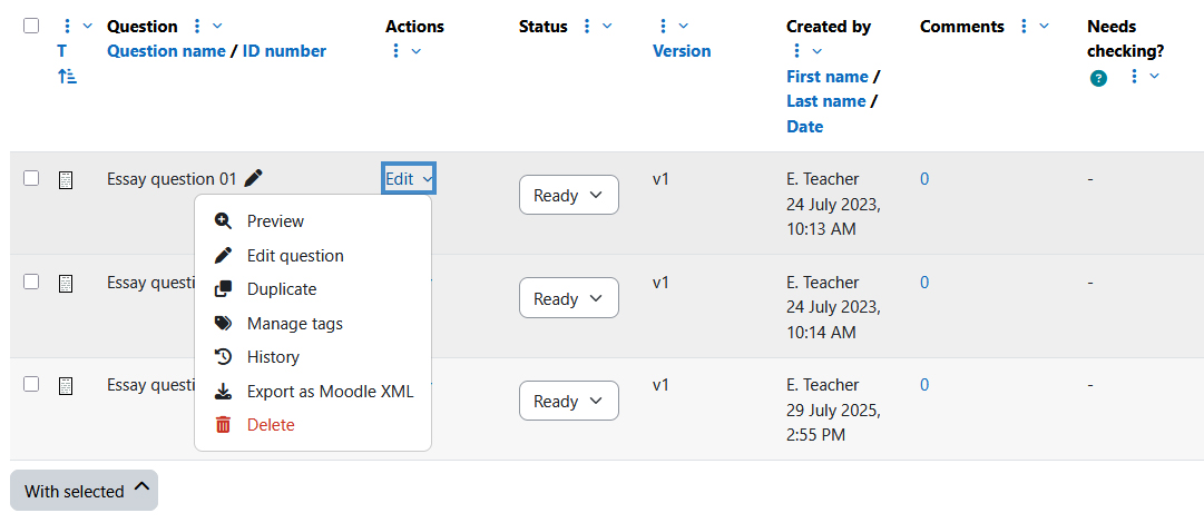 Screenshot: editing menu of a question