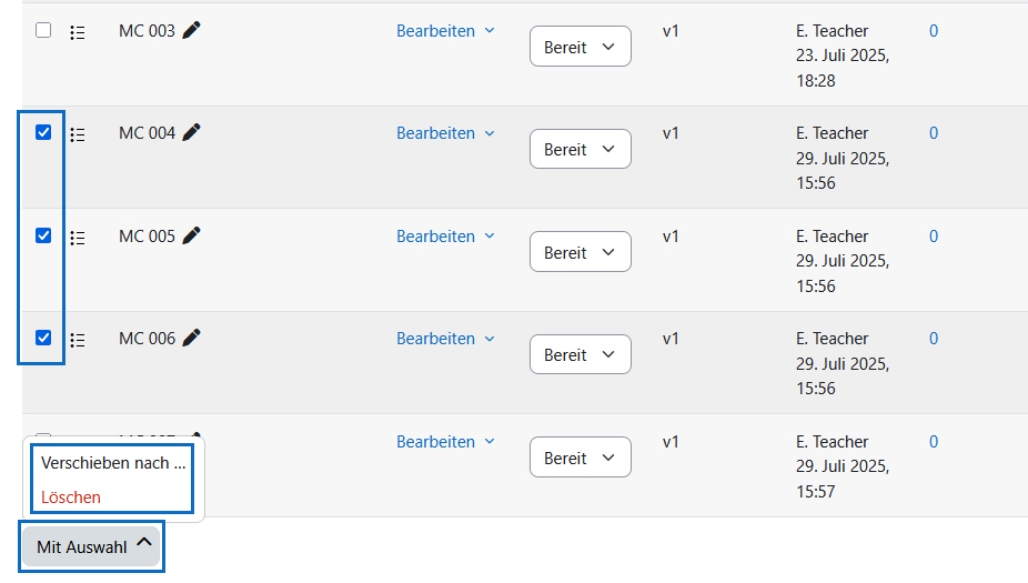 Screenshot: Auswahl mehrerer Fragen und öffnen des 