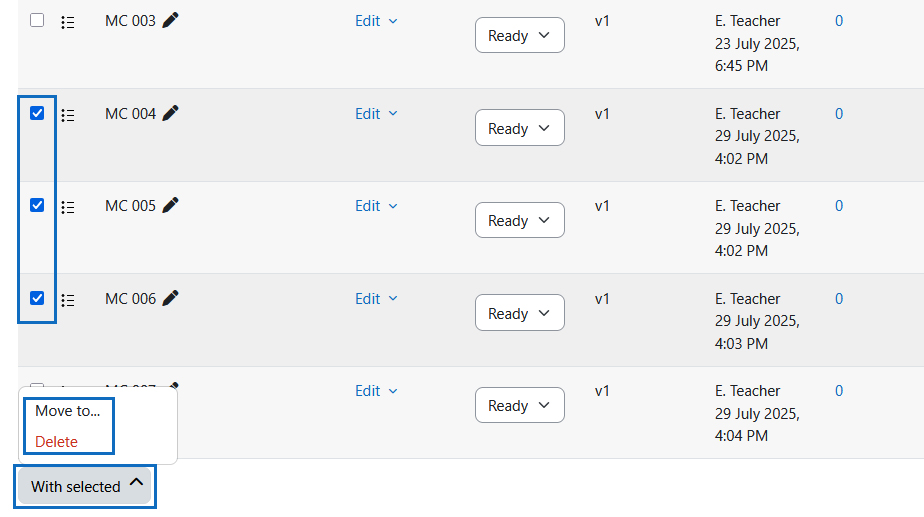 Screenshot: ticked questions and open 