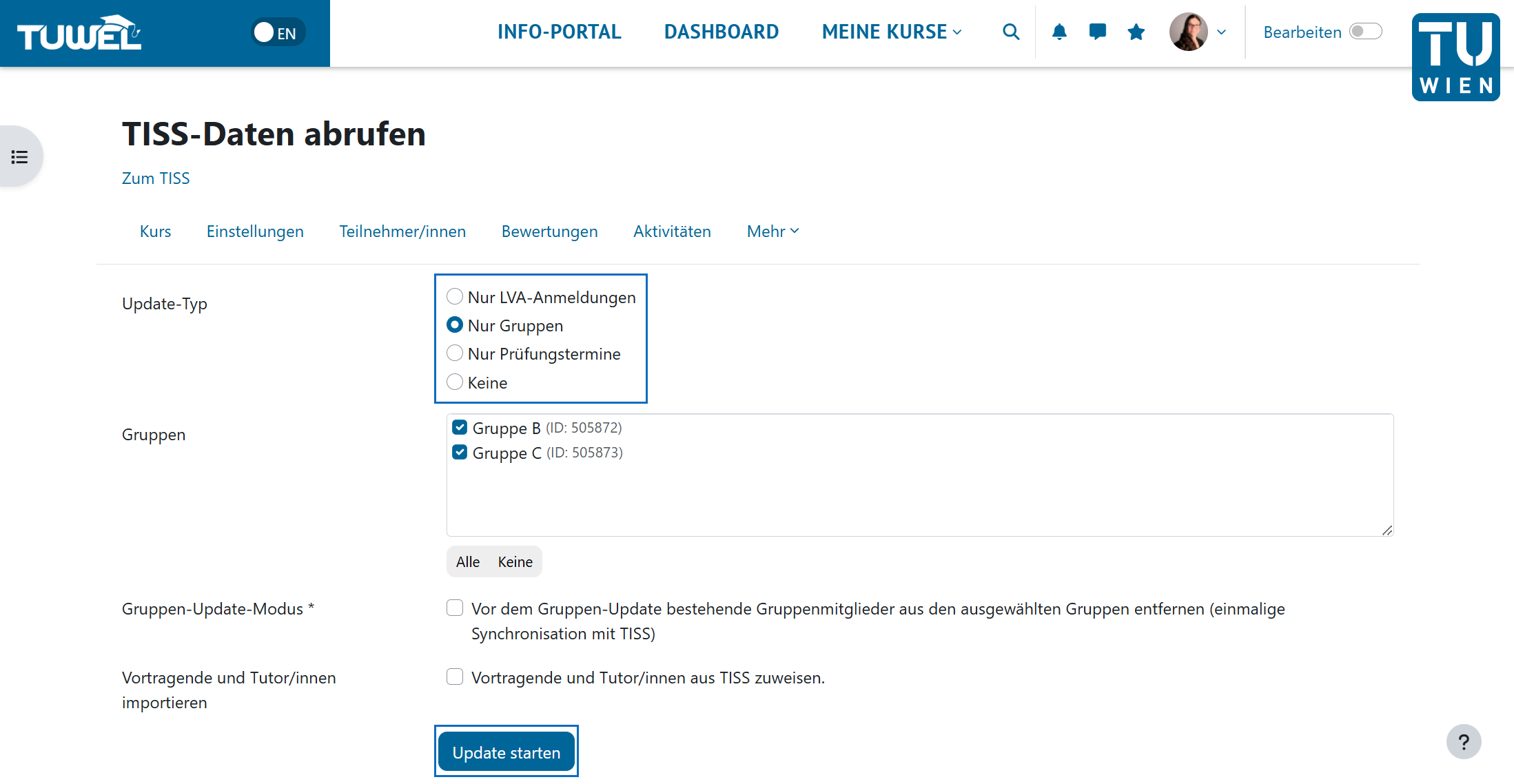 Screenshot: TISS Daten Einstellungen festlegen