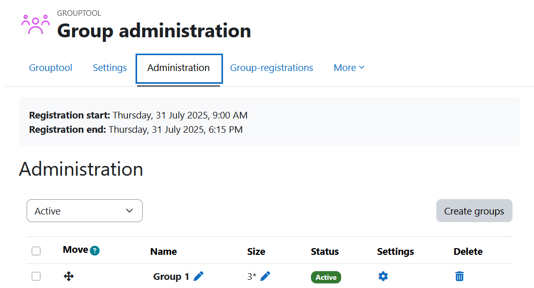 Screenshot: Open group administration