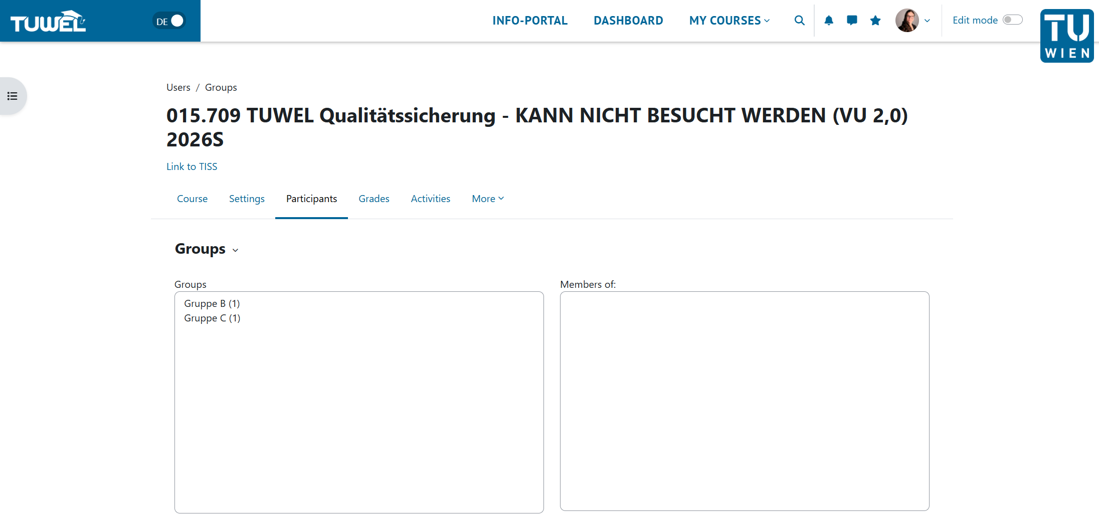 Screenshot: overview of the imported groups