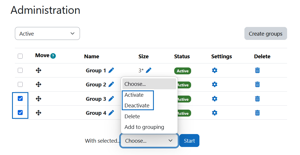 Screenshot: bulk editing group status