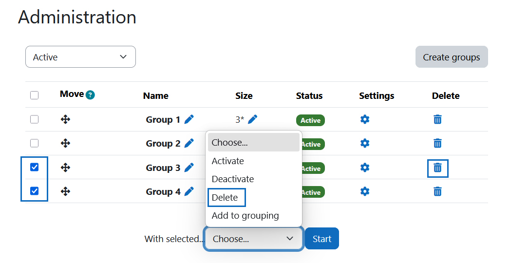 Screenshot: Delete groups