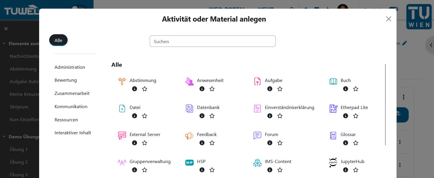 Aktivität oder Material anlegen in TUWEL 5.1