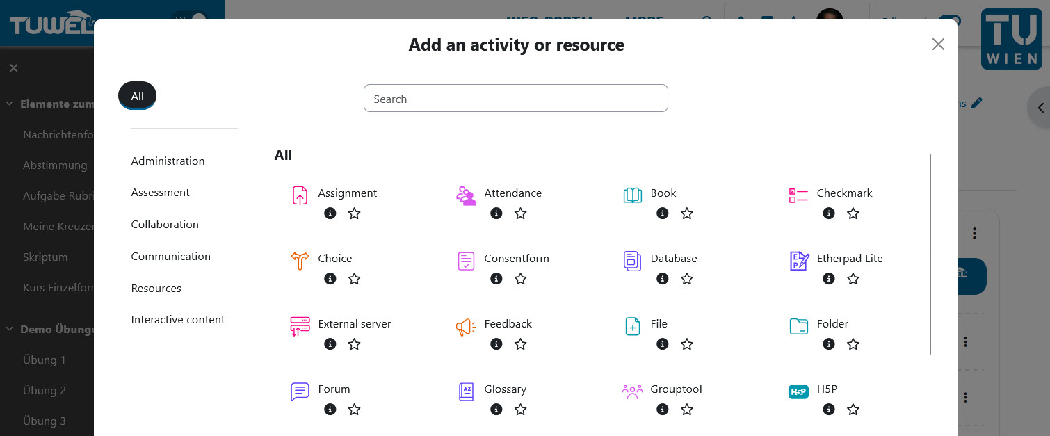 Add an activity or resource in TUWEL 5.1