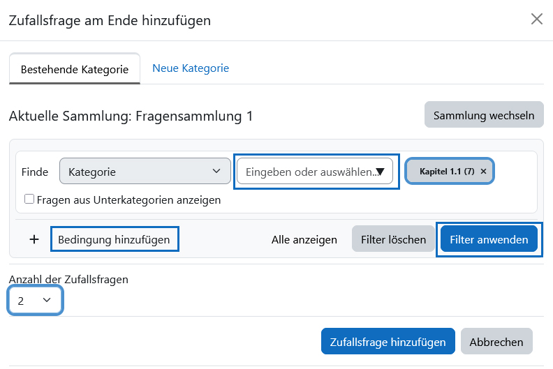 Screenshot: Filteroptionen mit Hervorhebungen der Kategorie, Bedingung hinzufügen und Anzahl der Zufallsfragen