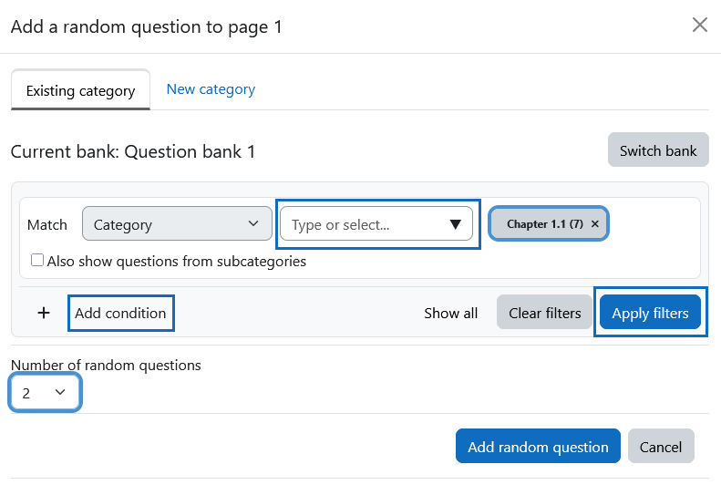 Screenshot: filter options with highlighting of category, add condition and number of random questions