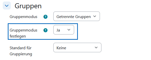 Screenshot: Gruppenmodus in den Kurseinstellungen festlegen
